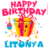 A vibrant and funny gift box character with a happy face dancing with a cupcake and the text 'Happy Birthday Litonya,' surrounded by animated confetti and party vibes.