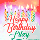 Bright birthday candles with rainbow flames on a cake, alongside the text 'Happy Birthday Litzy' in vibrant script in this celebratory animated GIF.