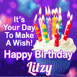 A colorful birthday GIF for Litzy featuring a cupcake with vibrant lit candles and the text 'It's Your Day to Make a Wish! Happy Birthday Litzy' in bold letters on a festive purple background.
