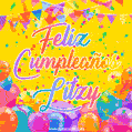 A bright and festive GIF with the text 'Feliz Cumpleaños Litzy' in Spanish in colorful fonts, surrounded by confetti, balloons, and festive banners on a vibrant yellow background.