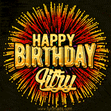 Golden 'Happy Birthday Litzy' text accompanied by animated rainbow fireworks for a festive animated greeting.