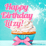 A festive cupcake with pink icing, a gingham bow, and a lit animated sparkler, paired with 'Happy Birthday Litzy!' in bright pink text.