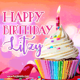 A vibrant birthday GIF featuring a rainbow-colored cupcake topped with white frosting, sprinkles, and a lit candle. The text reads 'Happy Birthday Litzy' in bold pink and violet letters with white outline.