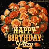 Animated bouquet of orange roses with moving butterfles and golden 'Happy Birthday Litzy' text, surrounded by sparkling accents and a dark backdrop for a luxurious feel.