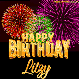 A golden 'Happy Birthday Litzy' message with vibrant fireworks in the background, creating a festive and celebratory vibe in this animated name GIF.