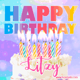 A vibrant animated name GIF with the words 'Happy Birthday Litzy' with colorful candles on a creamy cake. The background sparkles with pastel shades, adding a festive touch.