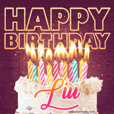 A colorful birthday cake topped with lit candles, with the words 'Happy Birthday Liu' in bold glowing letters on a burgundy background. Animated flames add a festive touch.