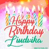 Bright birthday candles with rainbow flames on a cake, alongside the text 'Happy Birthday Liudvika' in vibrant script in this celebratory animated GIF.