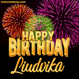 A golden 'Happy Birthday Liudvika' message with vibrant fireworks in the background, creating a festive and celebratory vibe in this animated name GIF.