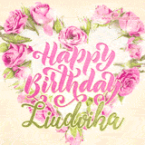 A stunning heart made of pink roses surrounds the elegant script text 'Happy Birthday Liudvika' on a soft beige background. Animated sparkles add a magical and festive feel.
