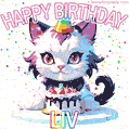Cute cosmic cat with a birthday cake for Liv surrounded by a shimmering array of rainbow stars