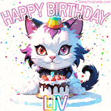 Adorable party-themed animated cat next to a lit birthday cake with text that says 'Happy Birthday Liv,' surrounded by colorful decorations and sparkles.