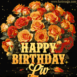 Animated bouquet of orange roses with moving butterfles and golden 'Happy Birthday Liv' text, surrounded by sparkling accents and a dark backdrop for a luxurious feel.
