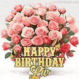Golden 'Happy Birthday Liv' text beneath a vibrant bouquet of orange roses, complete with glittering butterflies and sparkling details.