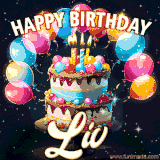 Bright birthday animation for Liv with a chocolate cake, candles, balloons, and glowing celebratory lights.