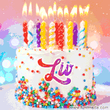 A cheerful white birthday cake with multicolor sprinkles, lit candles, and 'Liv' written in vibrant letters, in an animated GIF.