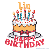 Cartoon birthday cake with a red bow, glowing candles, and 'Liv Happy Birthday' text in bold animated style.