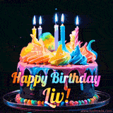 A mesmerizing animated cake with multicolor frosting and candles, and the words 'Happy Birthday Liv' on the black background.
