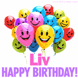Animated colorful and joyful birthday balloons with cheerful smiles and a bright 'Happy Birthday Liv!' message in pink and purple.