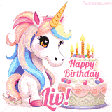 An adorable animated unicorn with soft pastel colors sits beside a birthday cake with glowing candles, and a pink 'Happy Birthday Liv!' words.