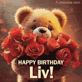 Cinematic style cute animated teddy bear with charming features holding a large bouquet of red roses, the words say 'Happy Birthday Liv' in sans serif font.