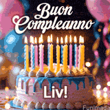 Birthday cake topped with pink and yellow lit candles, surrounded by glowing bokeh lights and party balloons. The greeting 'Buon Compleanno Liv GIF!' is displayed.