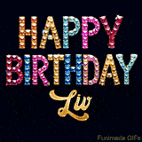 Vibrant luxury birthday greeting card for Liv, showing glittering gemstone letters and golden calligraphy on a dark background with twinkling shine effects.