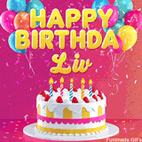 Pink-themed animated greeting with balloons, confetti, and a frosted cake under the message 'Happy Birthday Liv' in bold rounded yellow font.