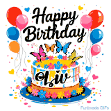 An animated birthday card for Liv. It features a festive cake with her name, 'Liv', and colorful butterflies. Floating balloons and hearts complete the joyful scene.