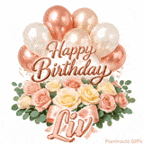 Beautiful cursive Happy Birthday Liv text beautifully decorated with flowers