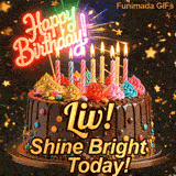 Warm flickering candles on top of a chocolate glaze cake with Liv's name in elegant writing.