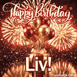 White Happy Birthday script text with red outline above gold and burgundy balloons and the name Liv