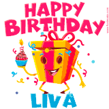 A vibrant and funny gift box character with a happy face dancing with a cupcake and the text 'Happy Birthday Liva,' surrounded by animated confetti and party vibes.