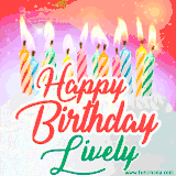 Bright birthday candles with rainbow flames on a cake, alongside the text 'Happy Birthday Lively' in vibrant script in this celebratory animated GIF.
