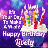 A colorful birthday GIF for Lively featuring a cupcake with vibrant lit candles and the text 'It's Your Day to Make a Wish! Happy Birthday Lively' in bold letters on a festive purple background.