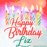 Bright birthday candles with rainbow flames on a cake, alongside the text 'Happy Birthday Liz' in vibrant script in this celebratory animated GIF.