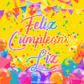A bright and festive GIF with the text 'Feliz Cumpleaños Liz' in Spanish in colorful fonts, surrounded by confetti, balloons, and festive banners on a vibrant yellow background.