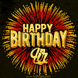 Golden 'Happy Birthday Liz' text accompanied by animated rainbow fireworks for a festive animated greeting.