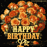 Animated bouquet of orange roses with moving butterfles and golden 'Happy Birthday Liz' text, surrounded by sparkling accents and a dark backdrop for a luxurious feel.