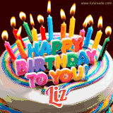 A colorful birthday cake topped with lit candles, with the words 'Happy Birthday Liz' in bold glowing letters on a burgundy background. Animated flames add a festive touch.