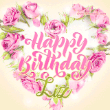 A stunning heart made of pink roses surrounds the elegant script text 'Happy Birthday Liz' on a soft beige background. Animated sparkles add a magical and festive feel.