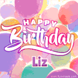 A vibrant name GIF featuring colorful balloons in shades of pink, orange, and yellow with the bold text 'Happy Birthday Liz' in festive fonts, creating a lively birthday vibe.