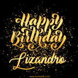 Animated GIF with colorful, festive 'Happy Birthday Lizandro' text decorated with patterns, a party hat, and falling confetti. A vibrant and cheerful design for birthday celebrations.