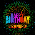 A colorful animated GIF featuring the text 'Happy Birthday Lizandro!' in rainbow colors with a dynamic iridescent firework display in the background.