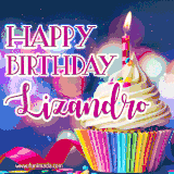 A festive animated GIF featuring a colorful cupcake with a single lit candle, sprinkles, and 'Happy Birthday Lizandro' text against a sparkling, celebratory background.