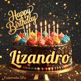 Golden star sprinkles and bokeh lights surrounding a rich chocolate cake personalized with Lizandro's name.