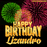 A captivating GIF with bursts of green, pink, and orange fireworks lighting up the night sky, accompanied by 'Happy Birthday Lizandro' in glowing golden text.