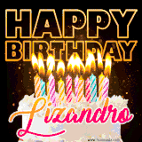 A vibrant animated GIF featuring a delicious birthday cake topped with glowing candles and the name 'Lizandro' in elegant script, and the words 'Happy Birthday' on the black background.