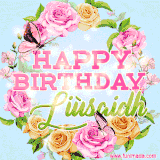 A charming animated GIF featuring 'Happy Birthday Liùsaidh' in pink and green text, surrounded by delicate roses, leaves, and fluttering butterflies on a soft light blue pastel background.