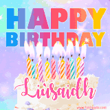 A vibrant animated name GIF with the words 'Happy Birthday Liùsaidh' with colorful candles on a creamy cake. The background sparkles with pastel shades, adding a festive touch.